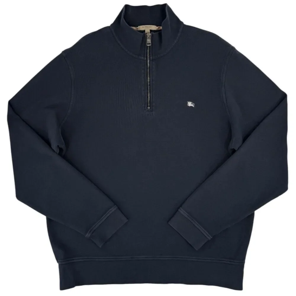 Burberry Men's Cotton Quarter Zip Pullover Sweatshirt Navy Blue XL